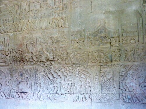 Angkor Wat bus-reliefs. Southern gallery, East part. Yama Judgment. Suryavarman II in Heaven